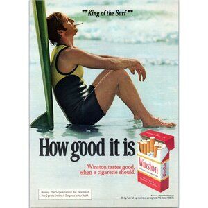 1973 Winston Cigarettes Vintage Print Ad King of Surf Board Surfer 70s Wall Art